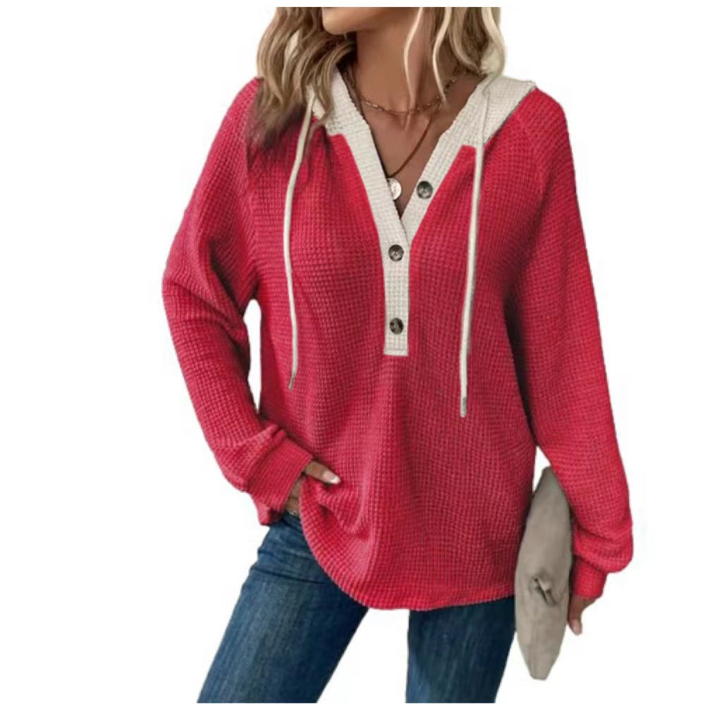 Women's Waffle Hooded Button Loose Long Sleeve Matching Women's Sweater, Sweater