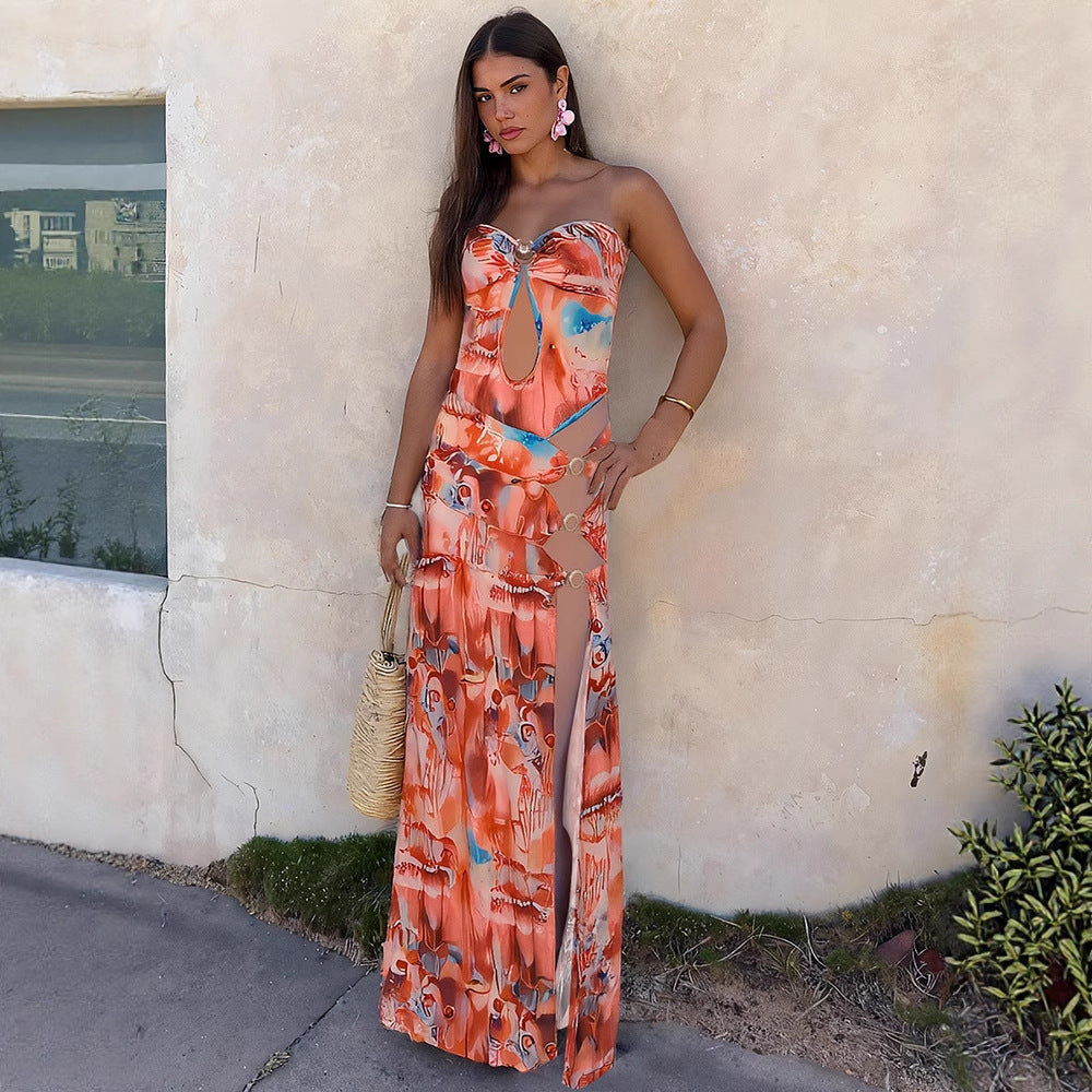 Women's Slim Fit Side Slit Printed Tube Tops