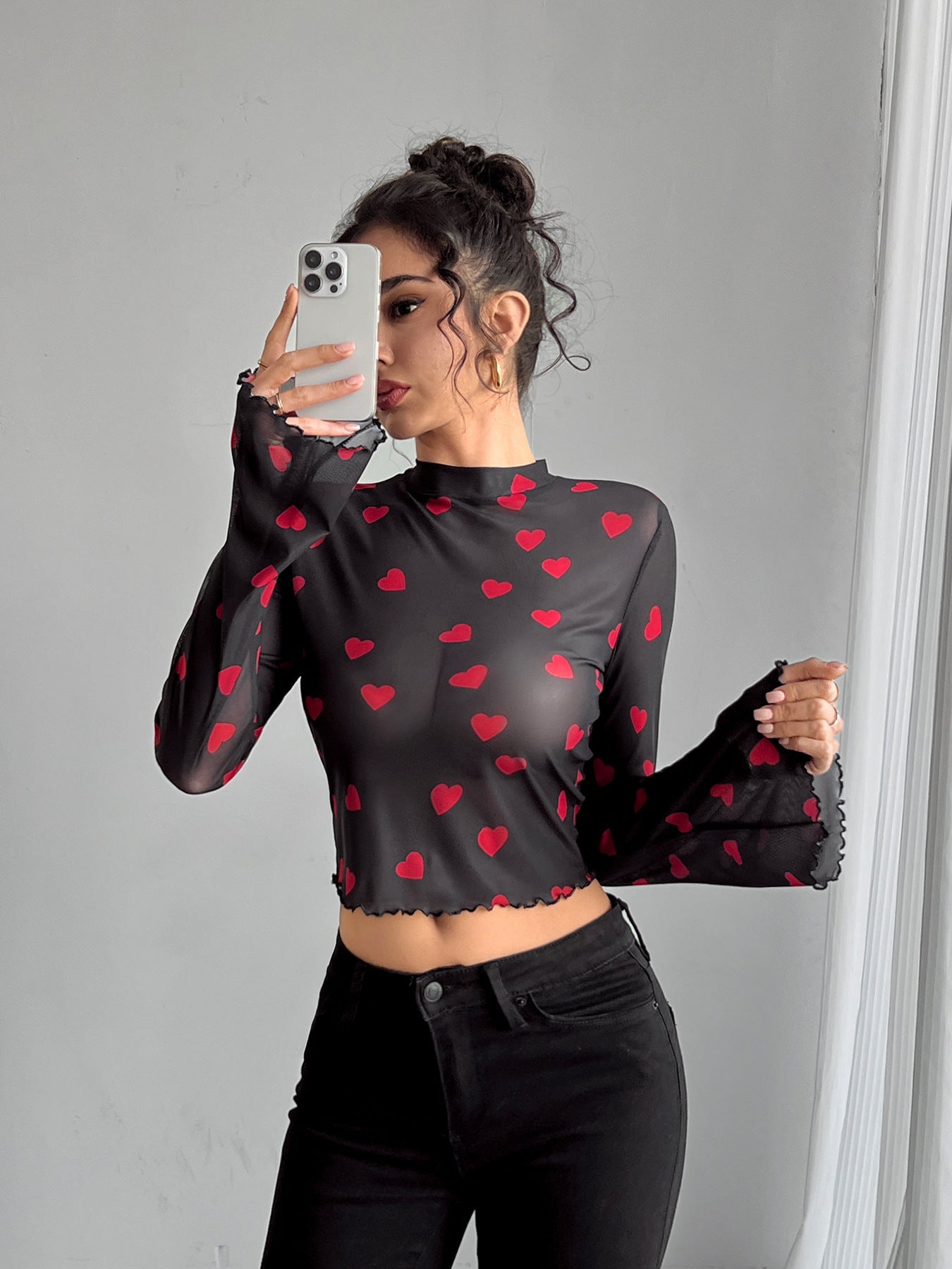 Mesh Printed Flared Sleeves Long Sleeve Blouses