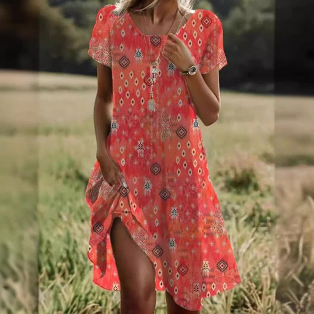 Summer Artistic Ethnic Style Scoop Mid-length Dresses