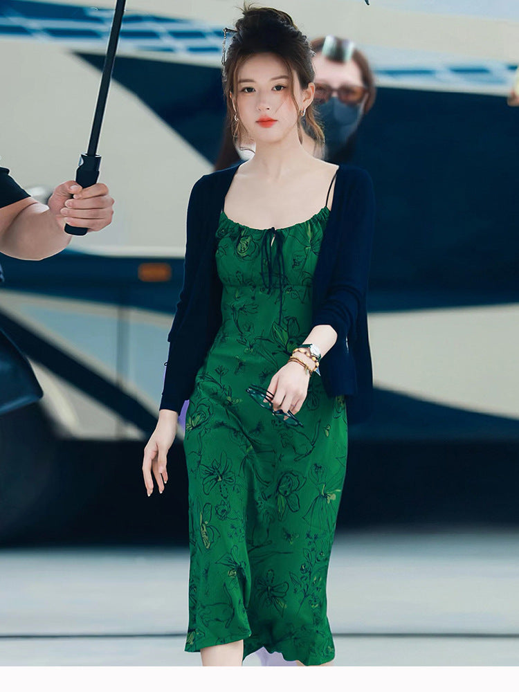 Green Ballet Butterfly Printed Mulberry Silk Dresses