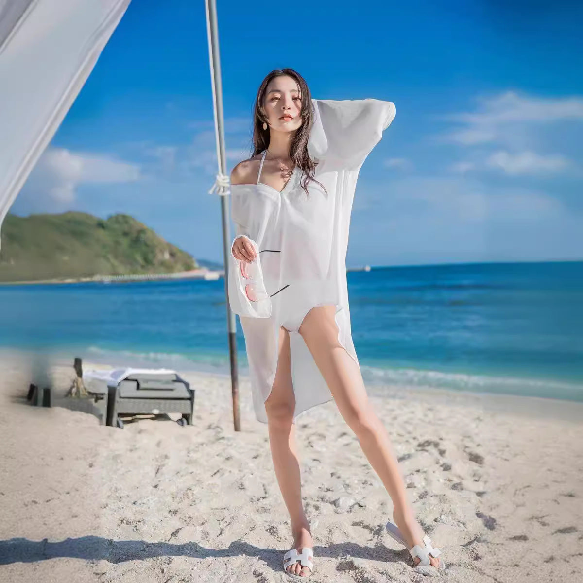Women's Thin Seaside Vacation Mid-length Protective Clothes Blouses