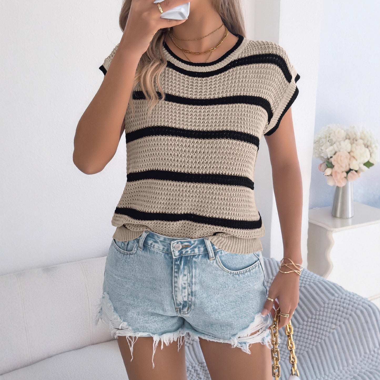 Women's Contrast Color Striped Casual Loose Off Women's Sweater