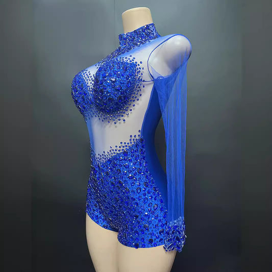 Tulle Fabric Blue Diamond Embellishment Slim Jumpsuits