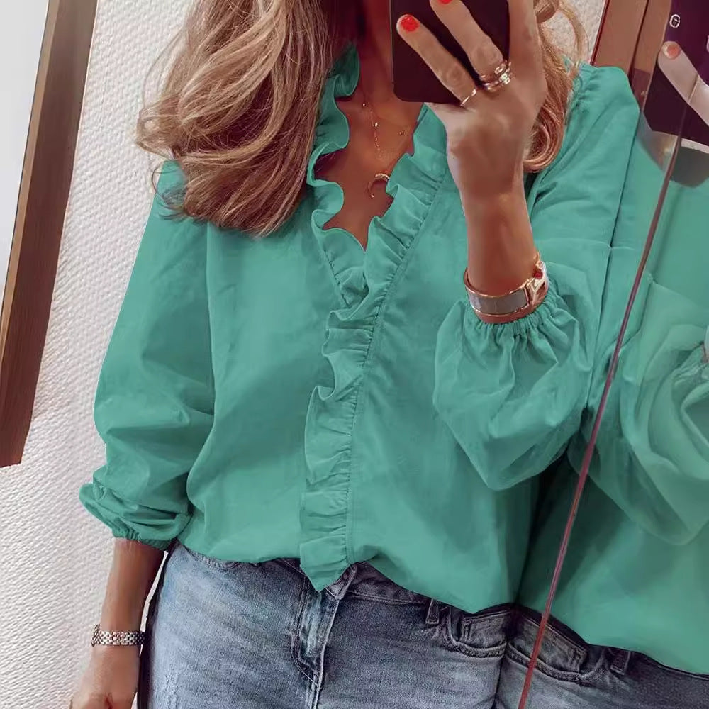 Women's Long Sleeve Pure Color Ruffles Shirt Blouses