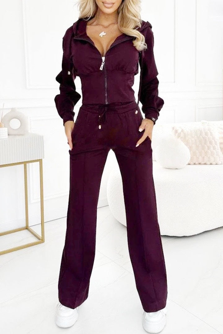 Zipper Tight-fitting Solid Color Two-piece Set Suits