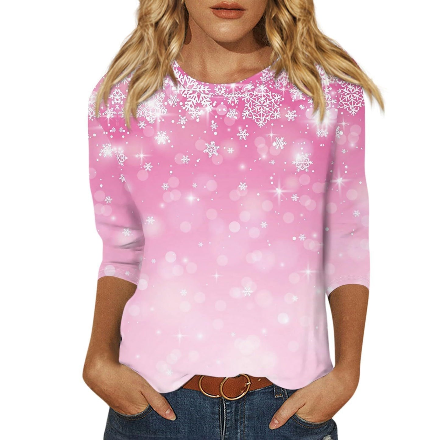 Women's Printed Solid Color Three-quarter Length Sleeve Blouses