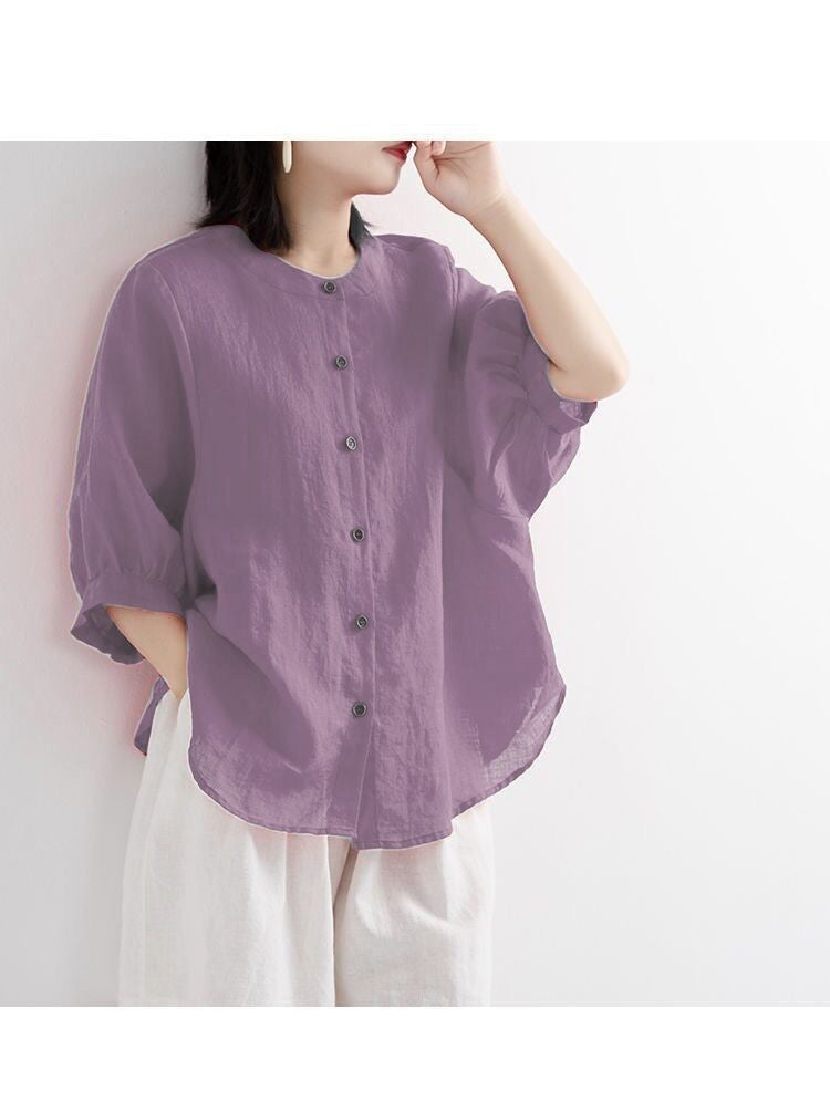 Women's Summer Cotton Shirt Lantern Sleeve Retro Blouses