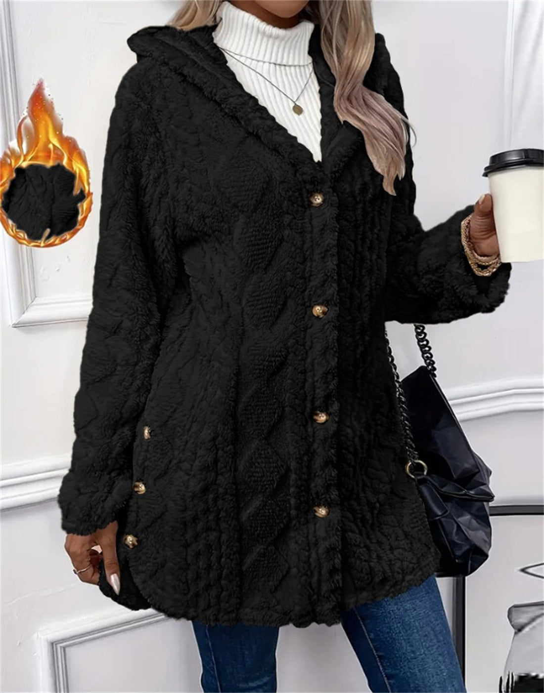 Women's Solid Color Single-breasted Plush Hoodie Fashion Jackets