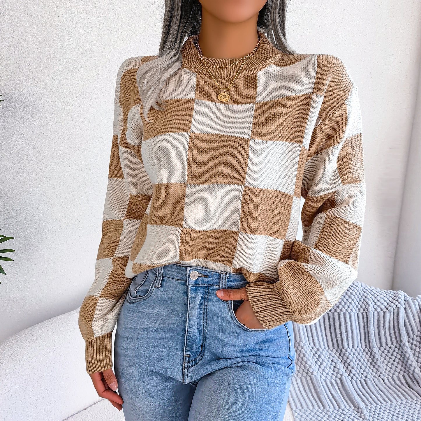 Women's Street Style Check Long Sleeve Pullover Sweater