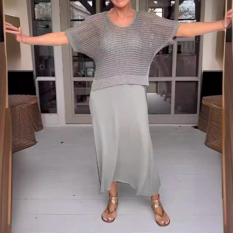 Knitted Empty Dress Solid Color Round Fashion Casual Suit