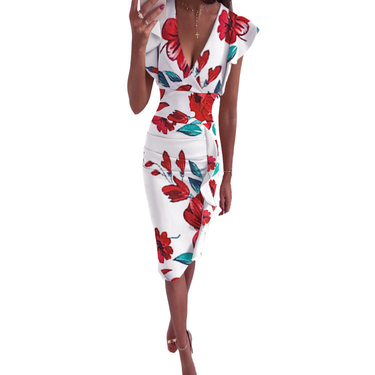 Summer Slim Fit Waist Pleating Ruffled Dress