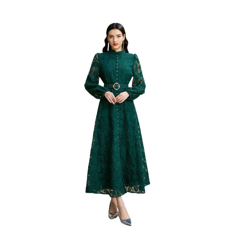 Women's Elegant Dress Autumn French Crocheted Waist Dresses