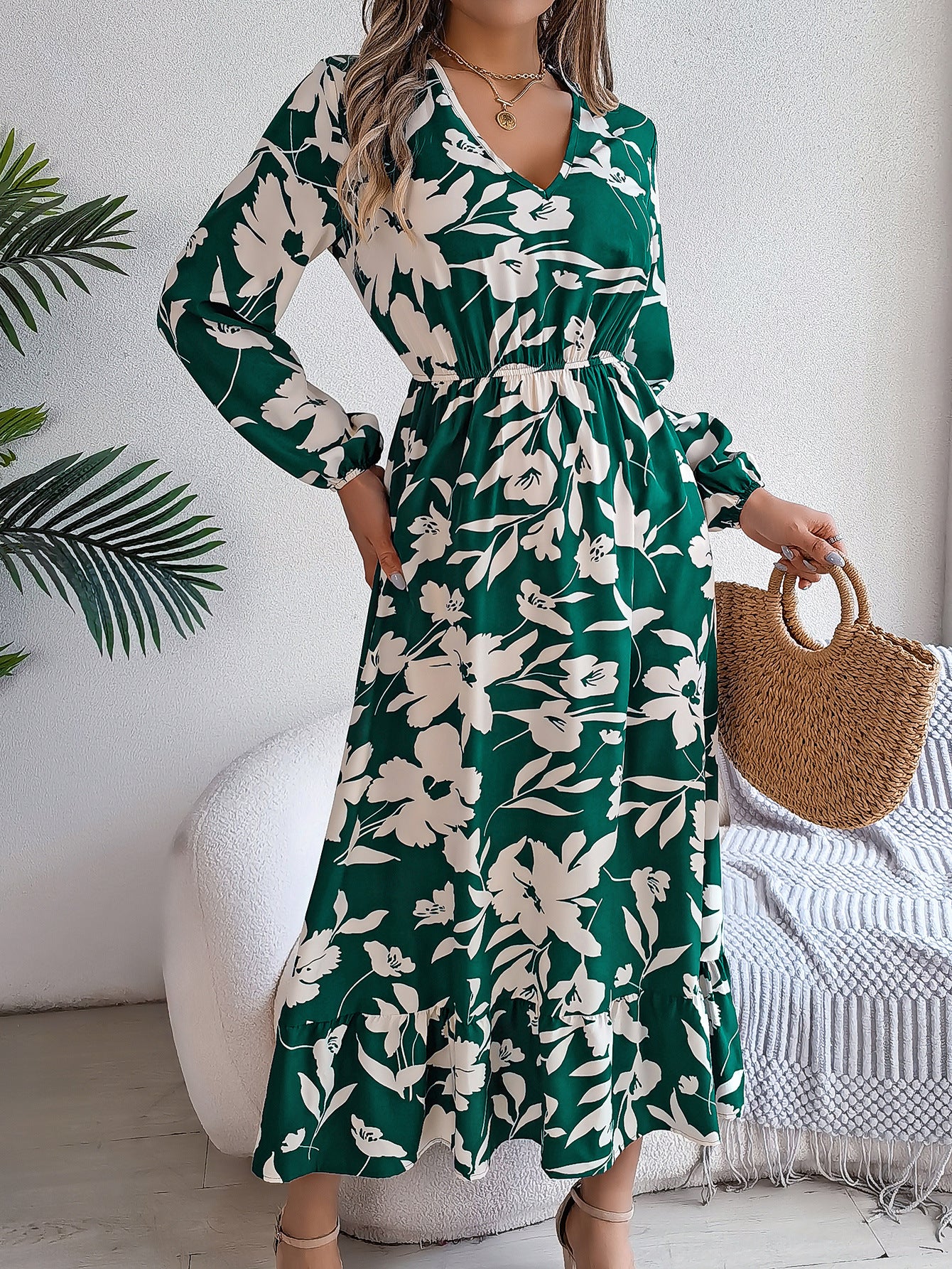Women's Casual Flower Long Sleeves Ruffles Dress Dresses