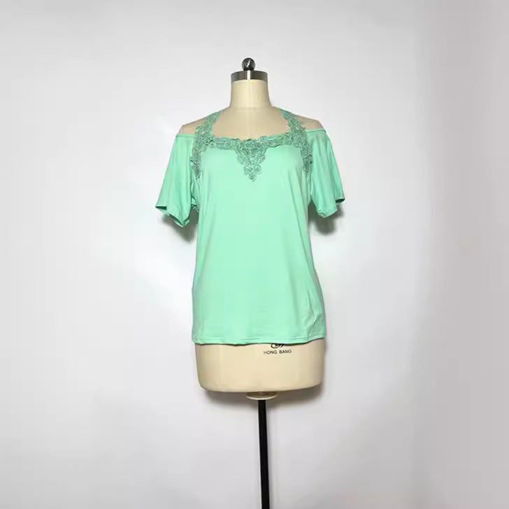 Women's Stitching Sleeve Lace Casual Loose-fitting T-shirt Shorts