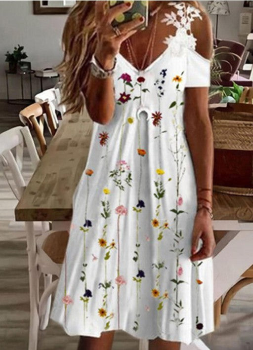 Women's Summer Lace Ruffled Sleeves Printed Dress Dresses