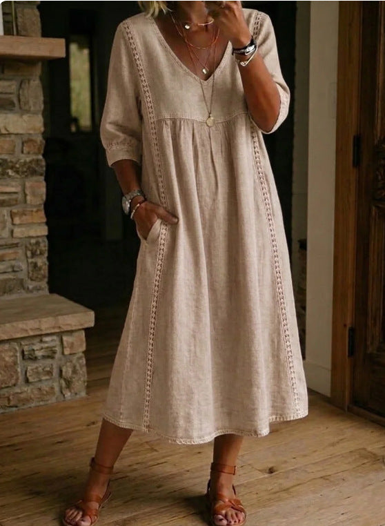 Casual Loose Stitching Lace Cotton Linen Dress