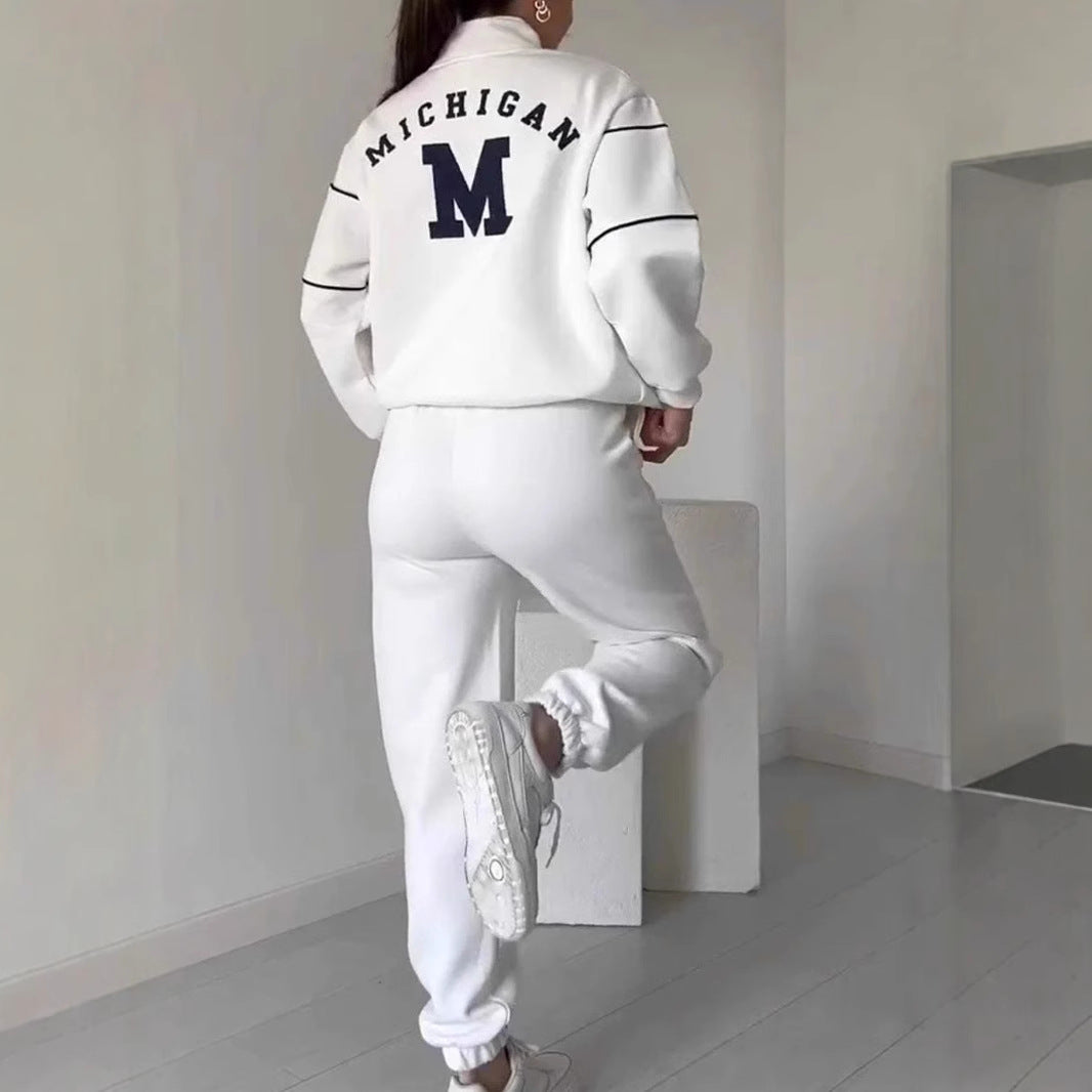 Women's Letter Heat Transfer Patch Long Sleeve Trousers Zipper Suits