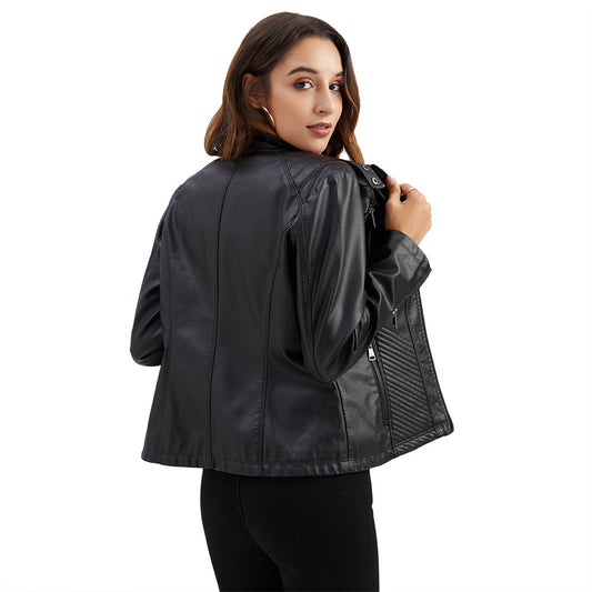 Women's Casual Leather Stand Collar Solid Color Jackets