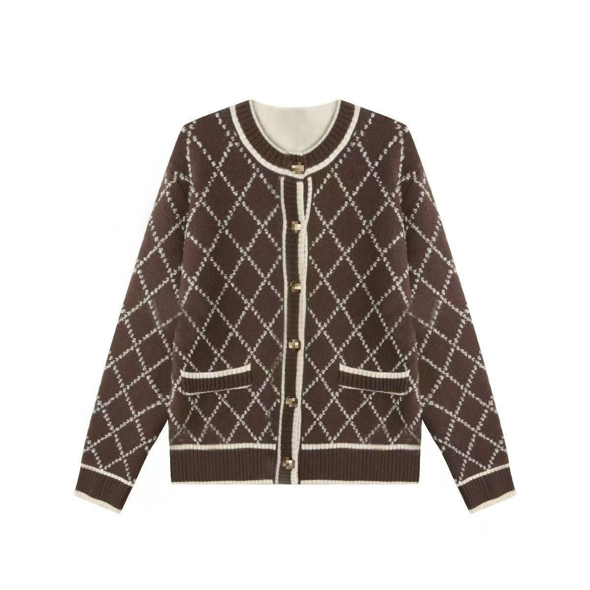 Women's Nice Knitted Classic Style Design Sense Hit Color Diamond Lattice Cardigans