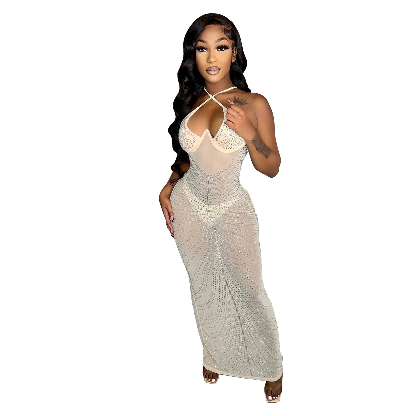 Women's Summer Sexy Mesh Rhinestone Night Club Slip Dresses