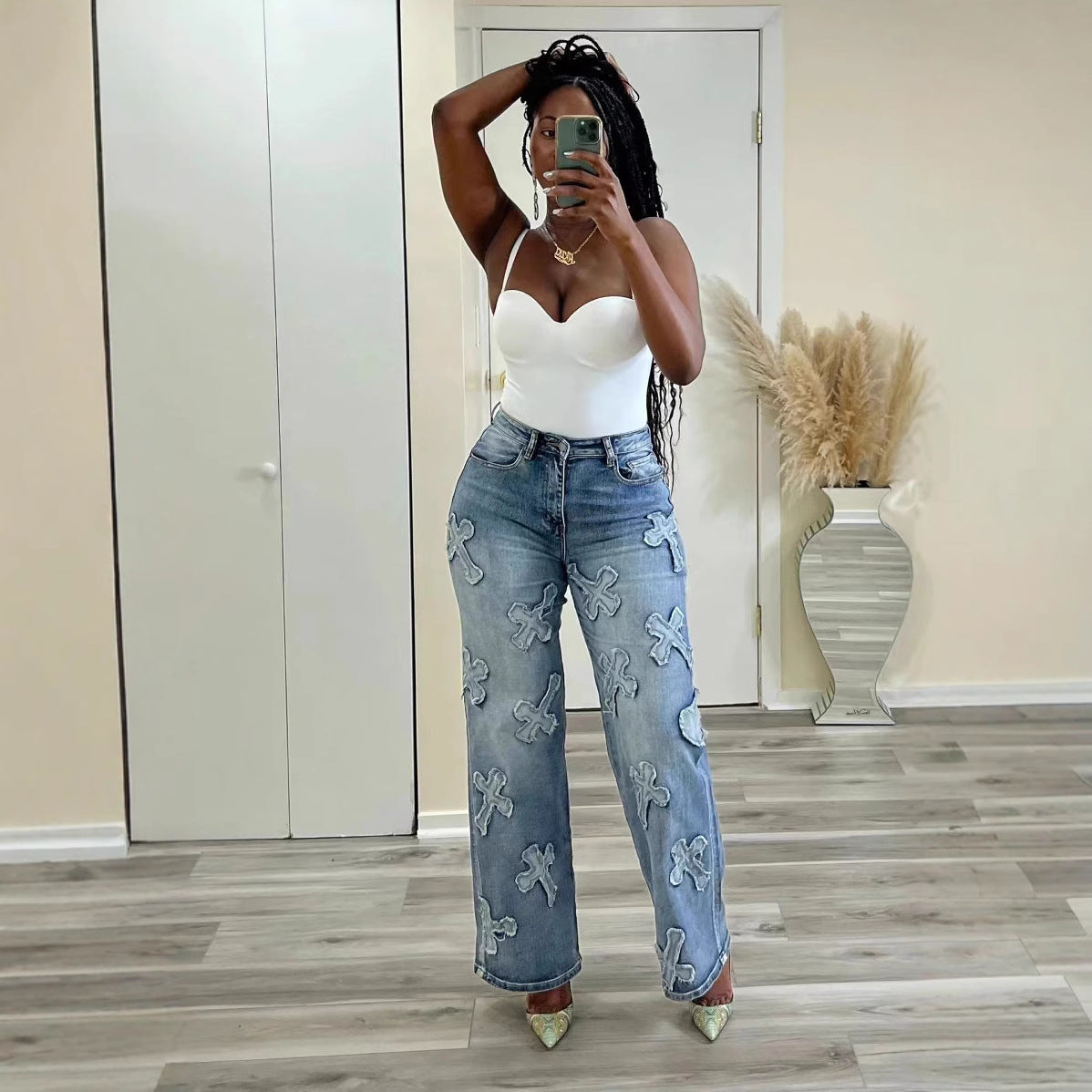 Women's Vintage Washed Denim Tassel Cross Patch Jeans