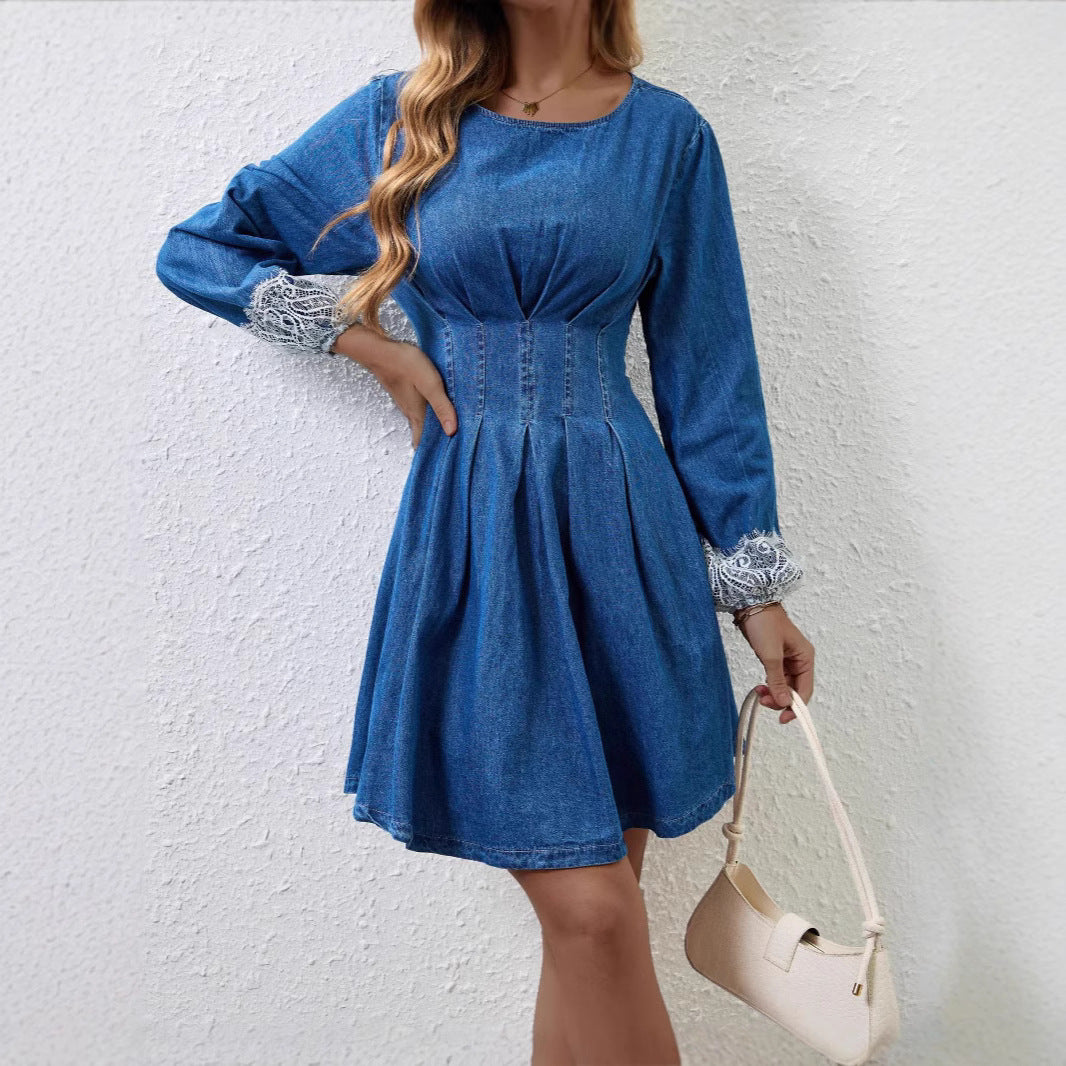 Women's Denim Long-sleeved Dress With Elegant Waist Dresses
