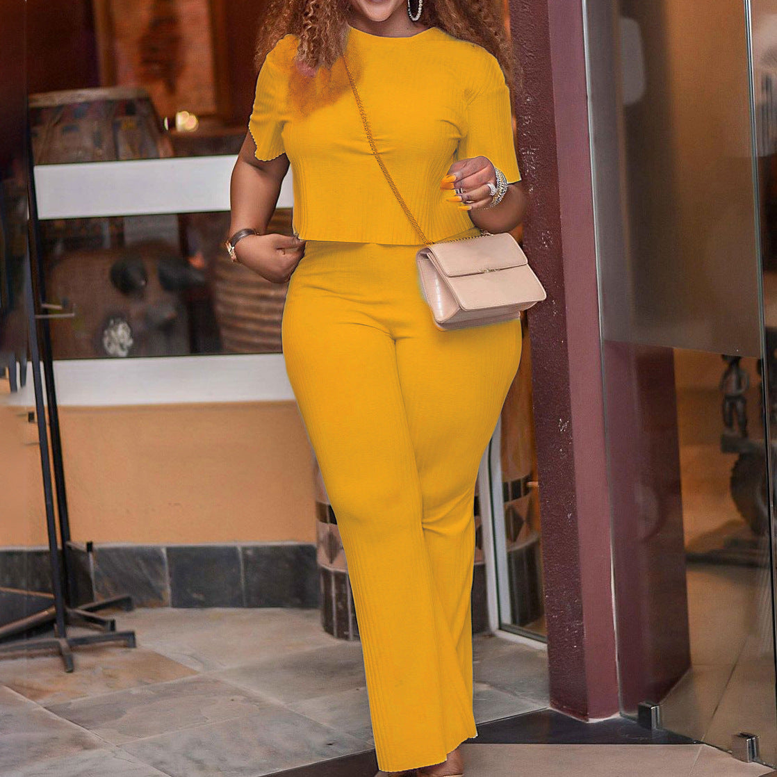 Women's Summer Sleeve Sunken Stripe Solid Color Fashion Casual Suit