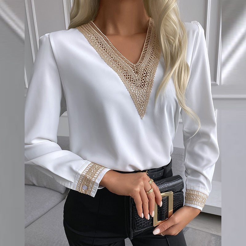 Women's Fashion Lace Shirt Solid Color Stitching Blouses