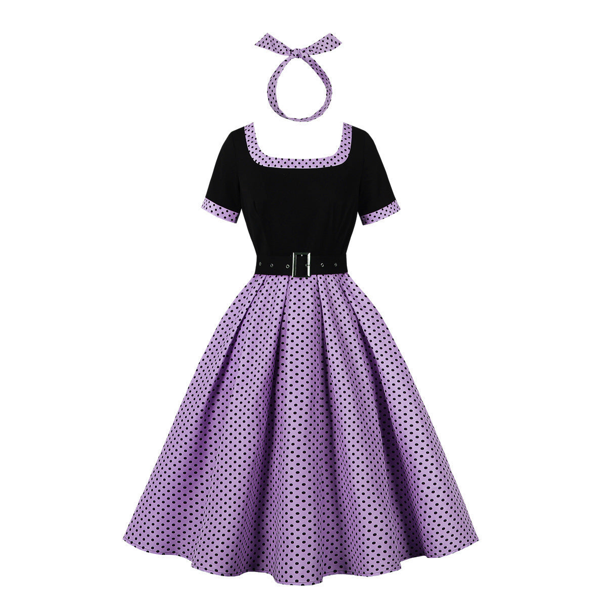 Women's Dots Stitching Square Collar High Big Dresses