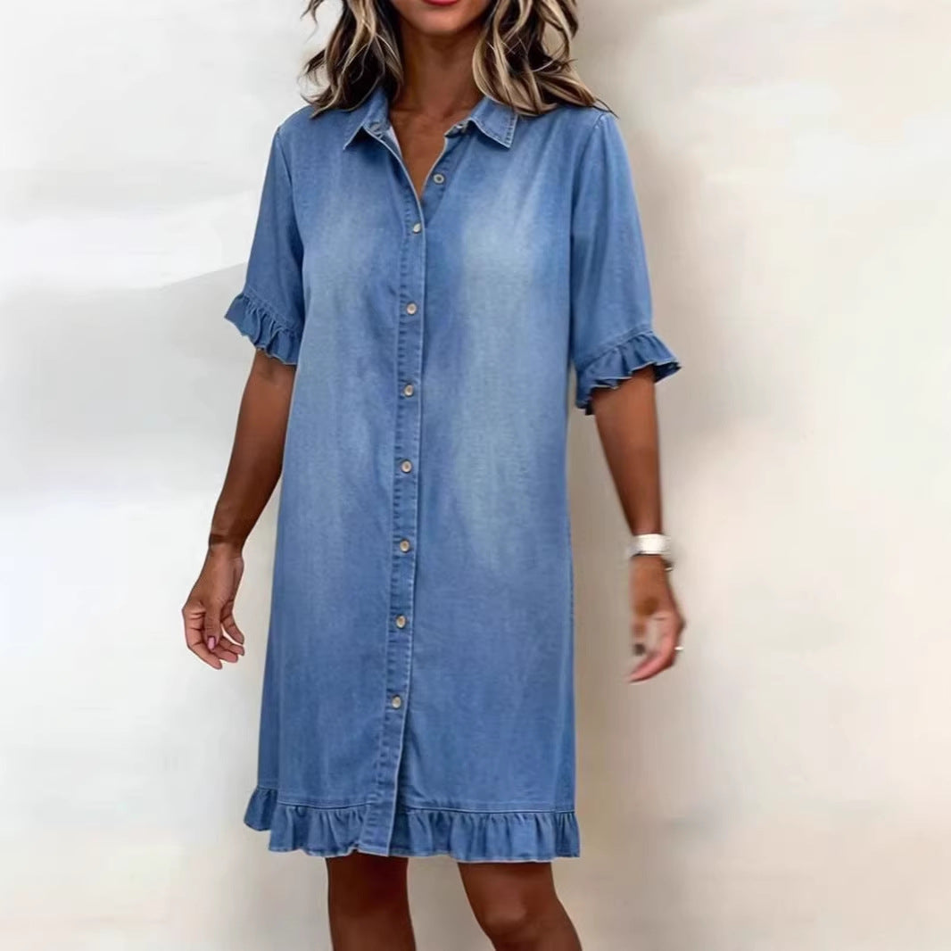 Women's Summer Loose Shirt Denim With Wooden Dress