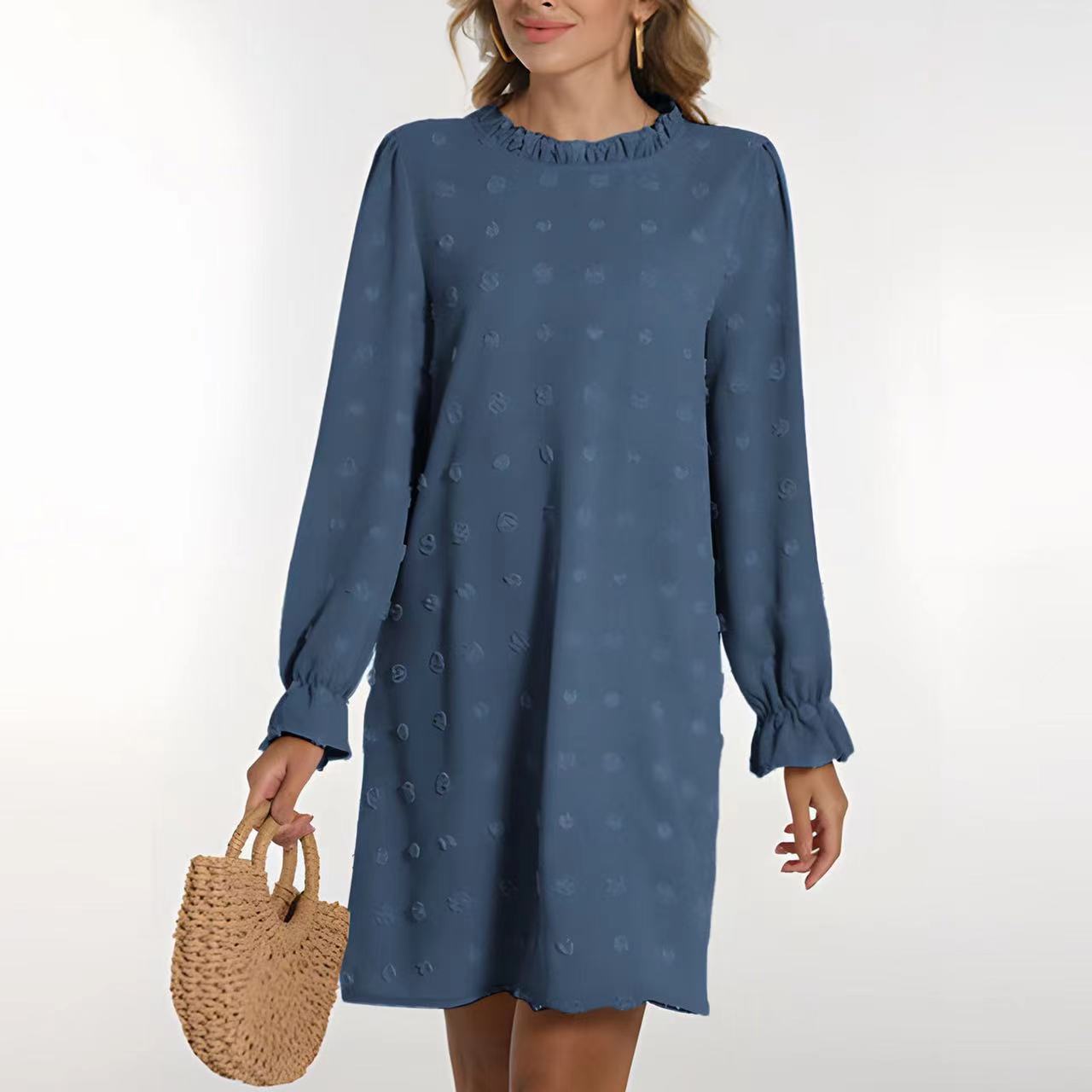 Women's Bubble Embroidered Fur Ball Jacquard Long-sleeved Dress