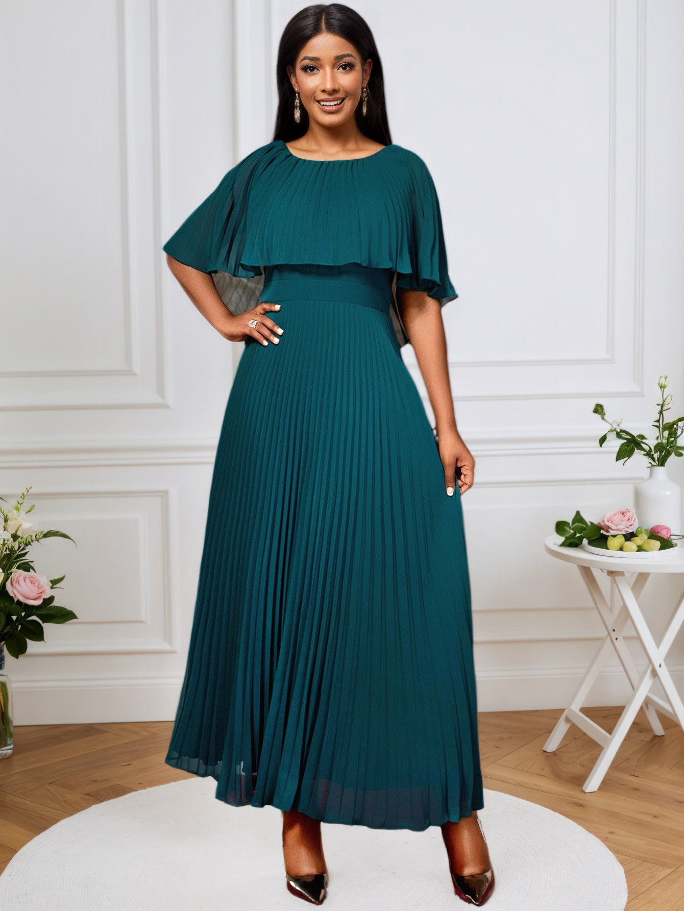 Neck Cape Sleeve Dress Fashionable Elegant Skirts