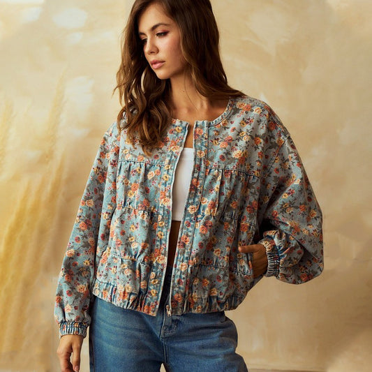 Women's Denim Loose Long Sleeve Vintage Floral Jackets