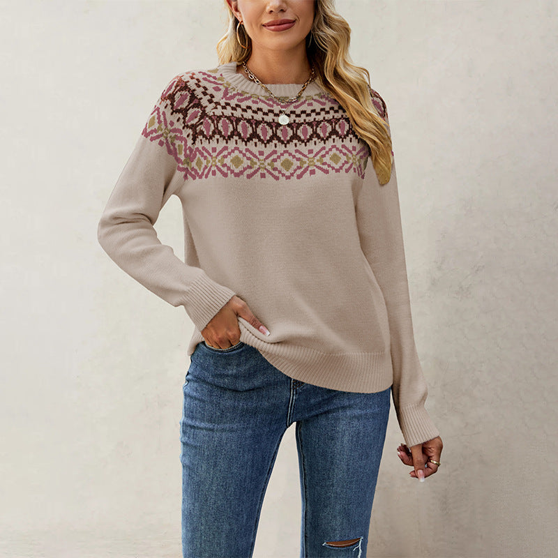 Jacquard Vintage Large Round Neck Pullover Sweaters
