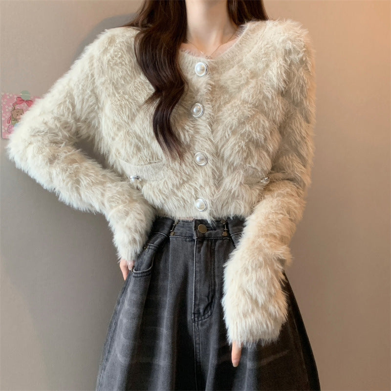 Fashionable Tup Pure Color Trendy Style Furry Classic Women's Sweater
