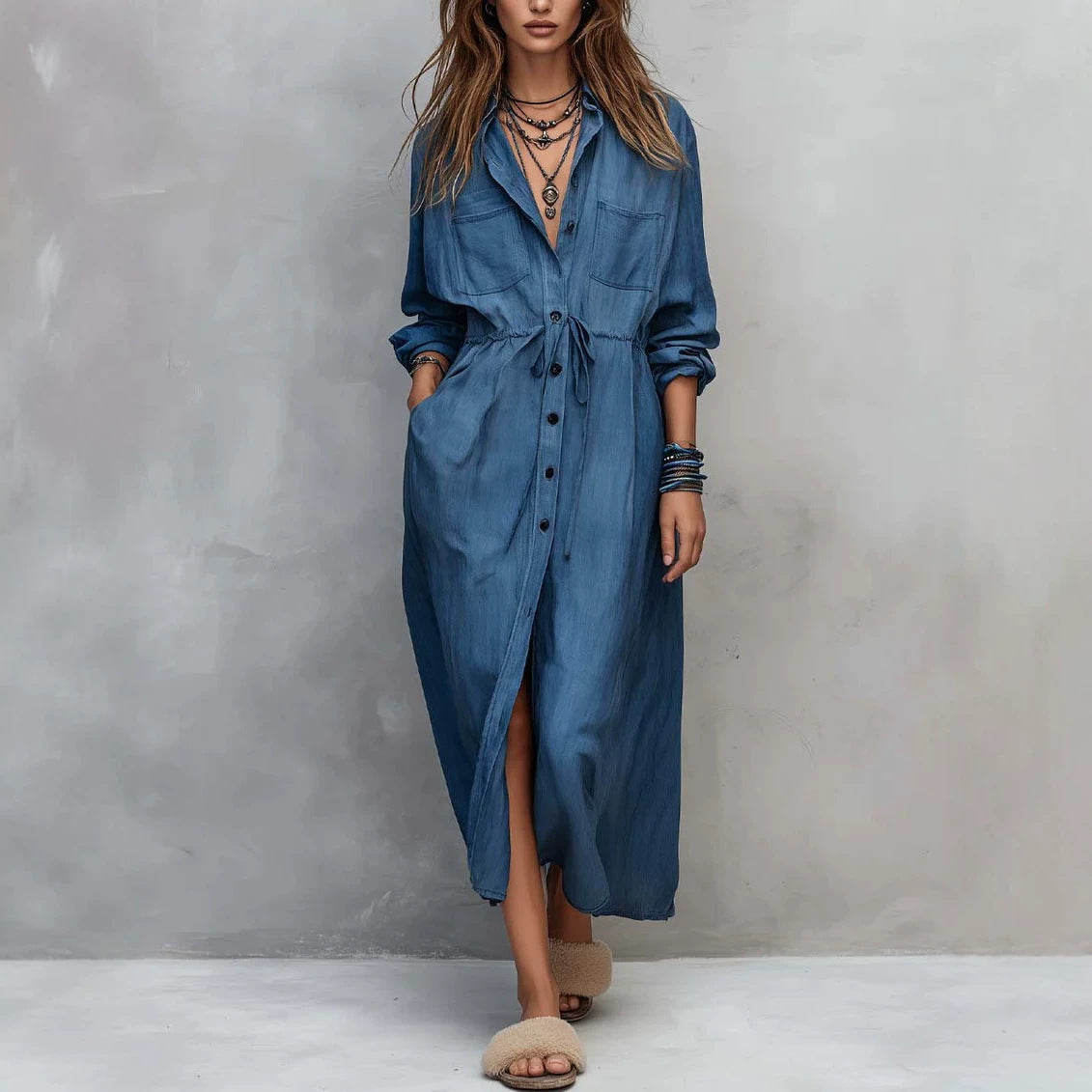 Casual Drawstring Fitted Waist Shirt Loose Dress