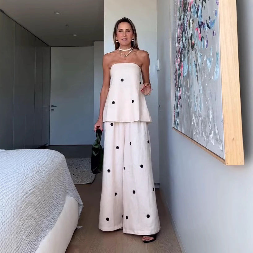 Women's Spring Sexy Polka Dot Tube Wide Leg Suits