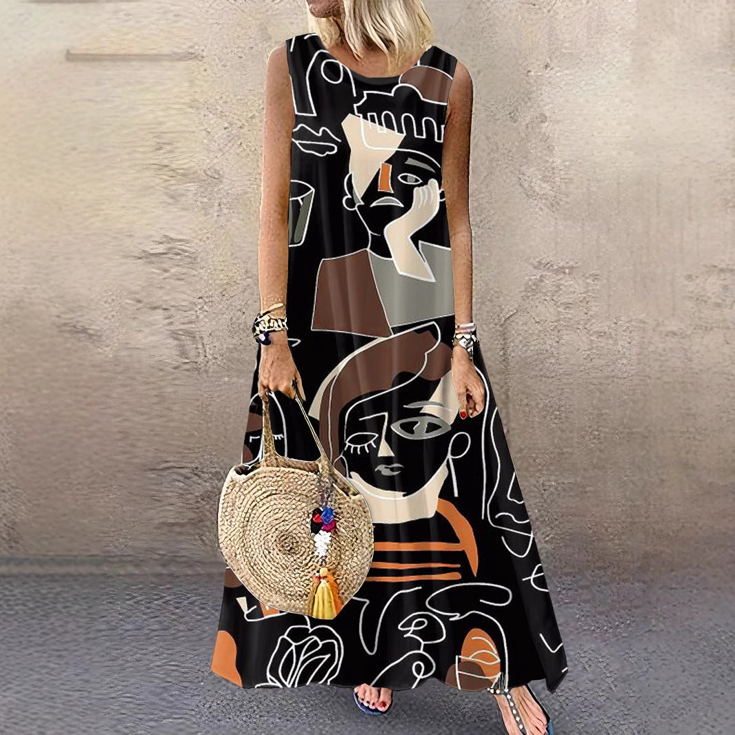 Women's Printed Cotton Linen Sleeveless Large Long Dresses