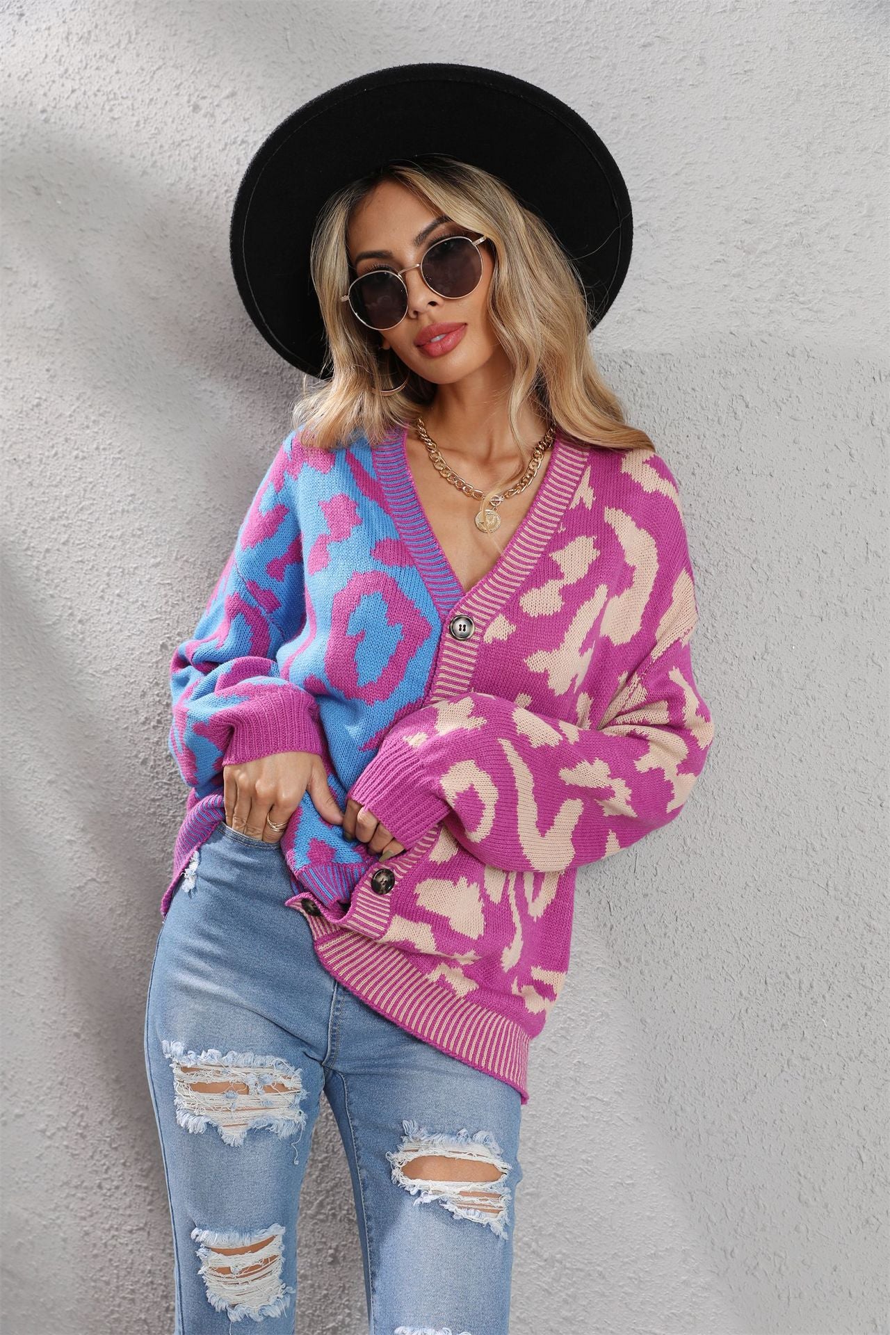 Graceful Comfortable Winter Leopard Splicing Button Women's Sweater