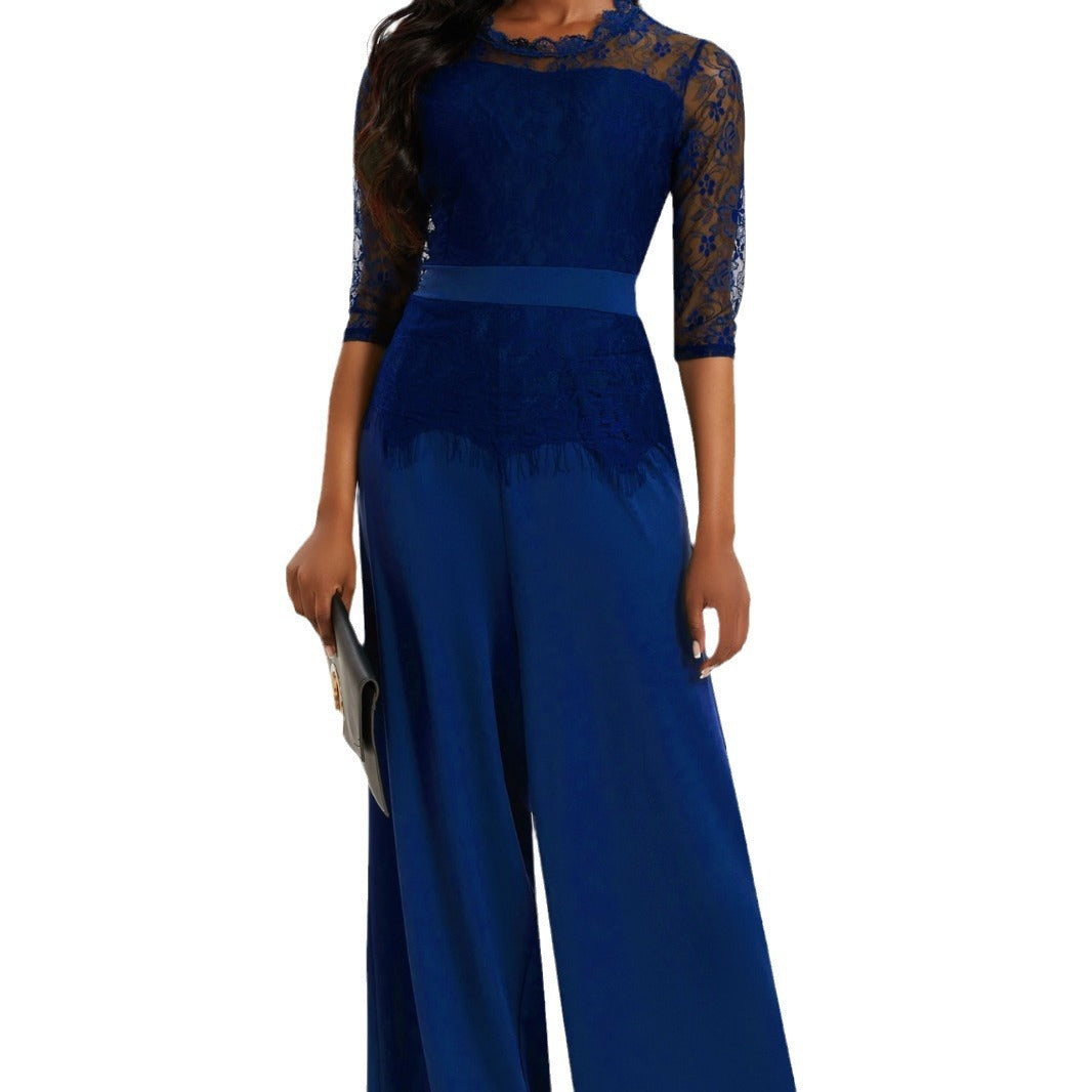 Casual Lace Stitching High Waist Pure Color Sexy Slim Pants