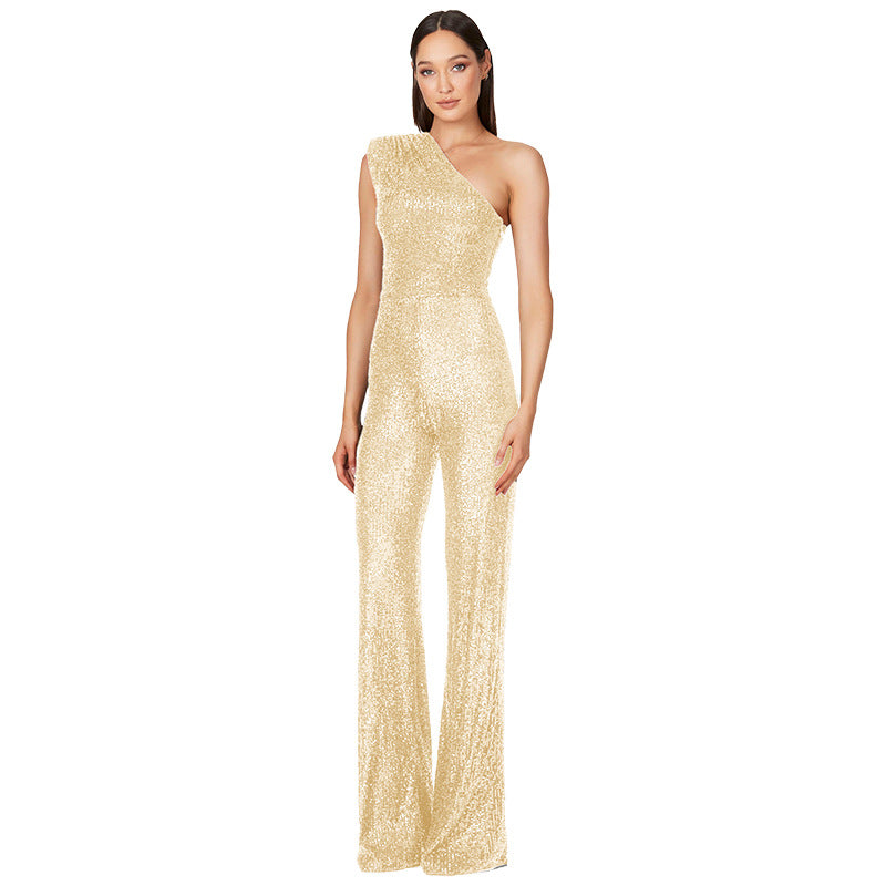 Women's Fashion Sleeveless One Shoulder Backless Sequined Jumpsuits