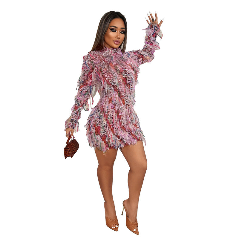 Women's Fresh Sweet Colorful Tassels Long Sleeve Dresses