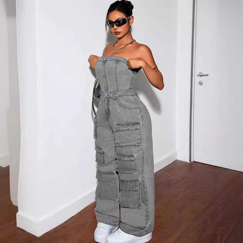Women's Denim Fashion Hot Tube Cargo Jumpsuits