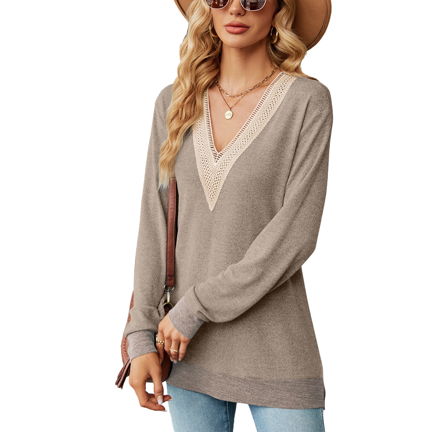 Women's Lace Contrast Color Slit Loose Long-sleeved Tops