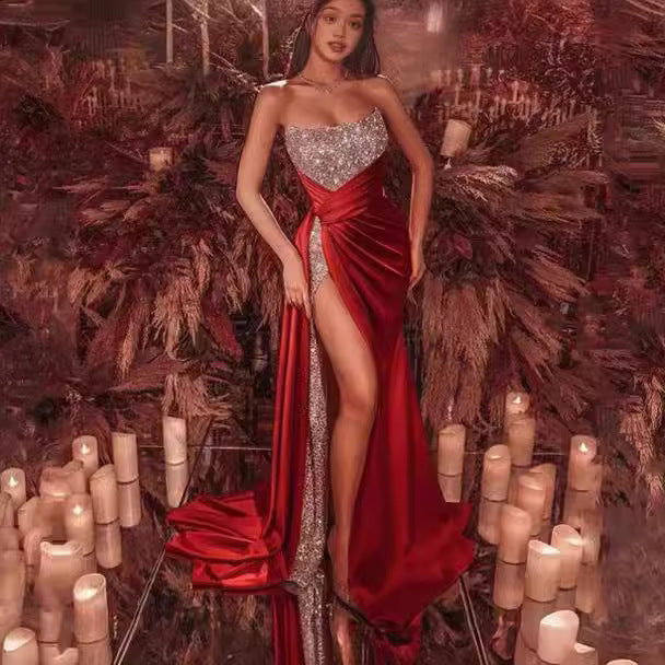 Women's Sequined Slit Long Dress Sexy Tube Dresses