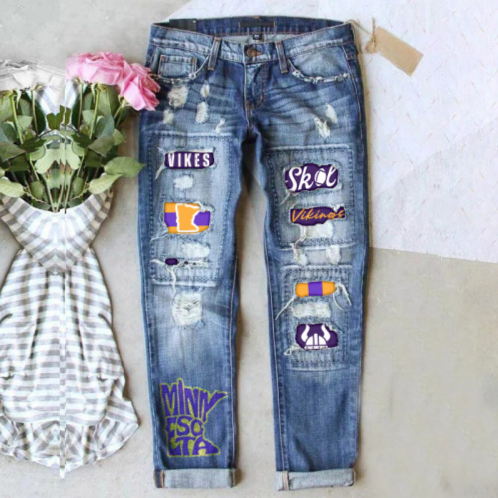 Women's Street Printing Ripped Straight Denim Trousers Jeans