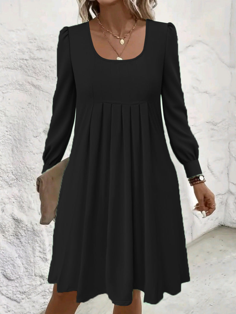 Popular Long Sleeve Fashionable Pleated Mid-length Dress