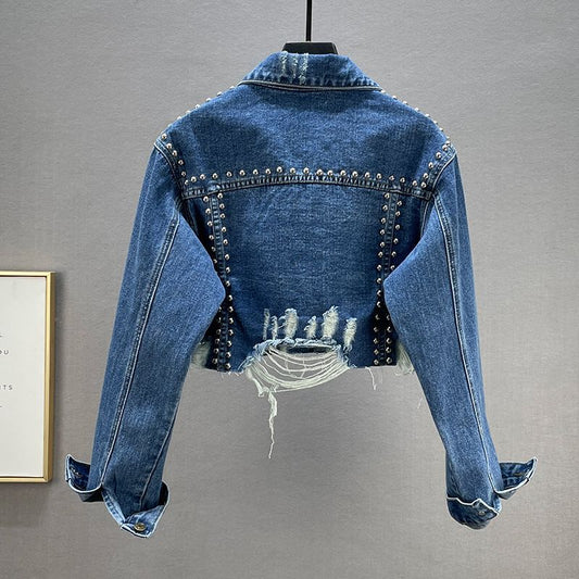 Women's Rivets With Diamonds Denim Worn Beaded Jackets