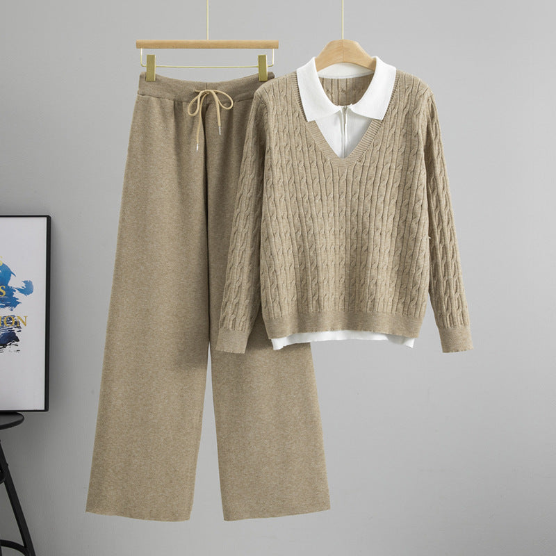 Women's Thickened Collar Fake Two-piece Knitted Matching Suits